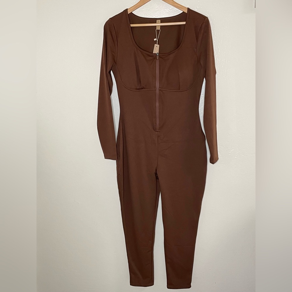 Shapellx shape wear stretch long sleeve jumpsuit in brown